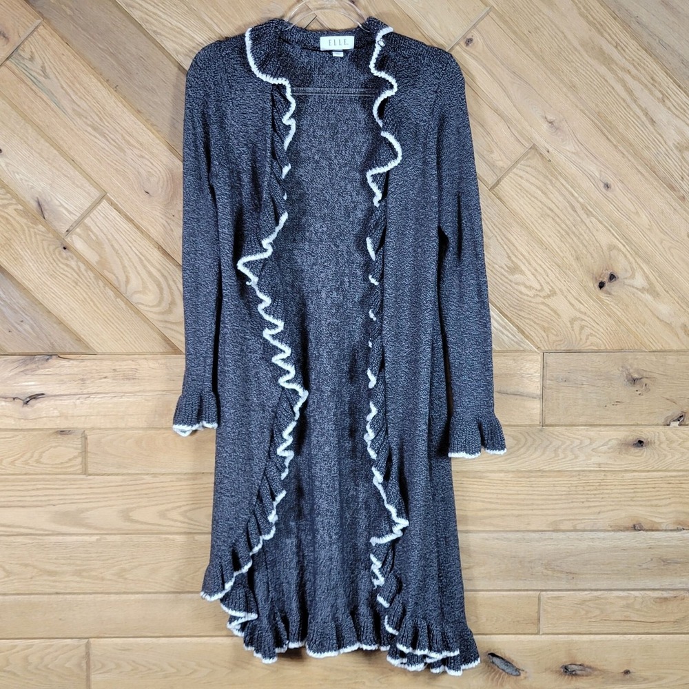 Elle Womens Knit Ruffled Long Cardigan Sweater Duster Size Medium Gray White